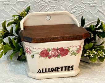 Ceramic French Match Holder with Roses: Vintage Wall Allumettes Box Kitchen Decor