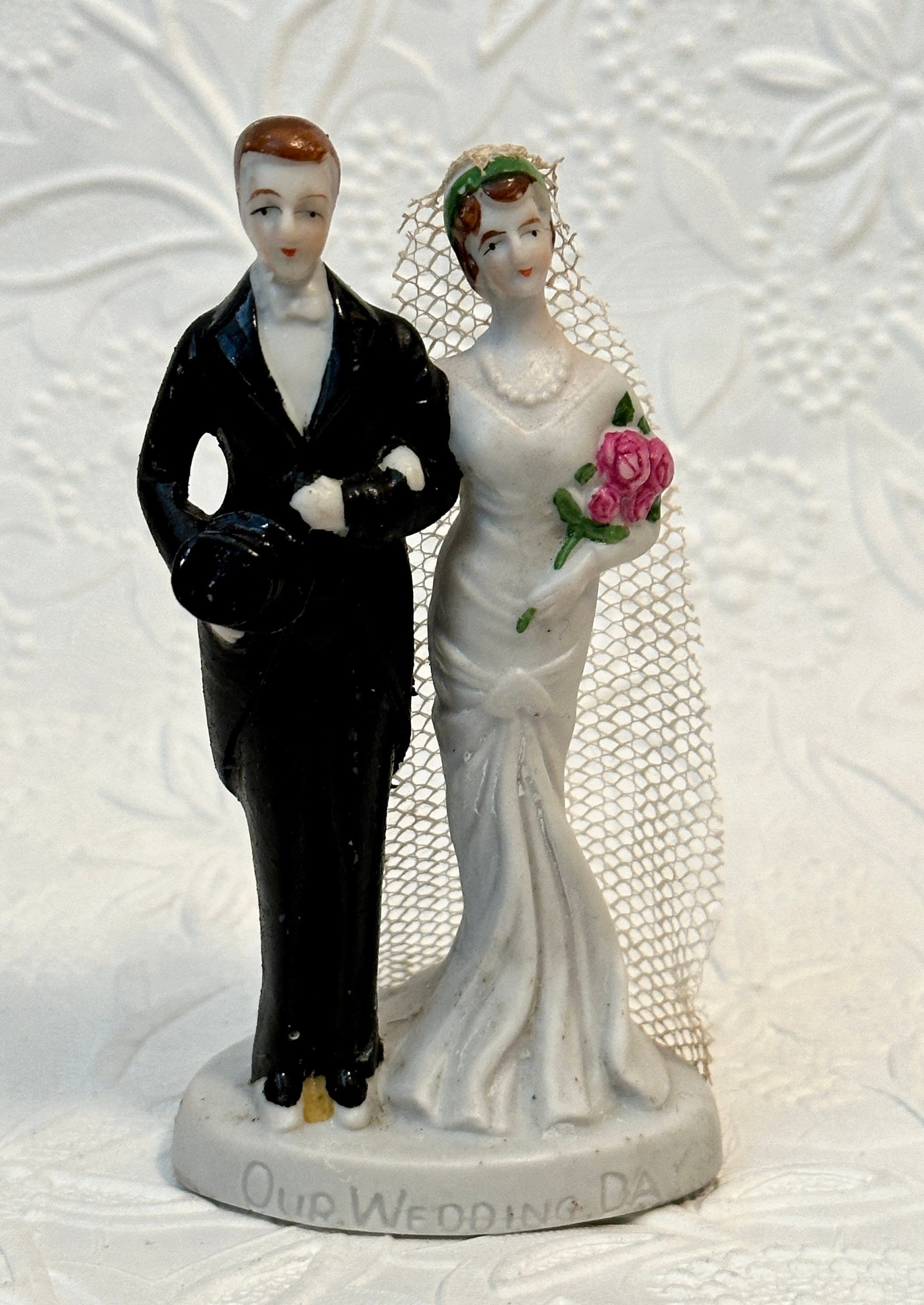 3-3/4 Vintage Bride and Groom Wedding Cake Topper, "Our Wedding Day" Cake Topper, Collectible Cake Decoration Wedding Collectible