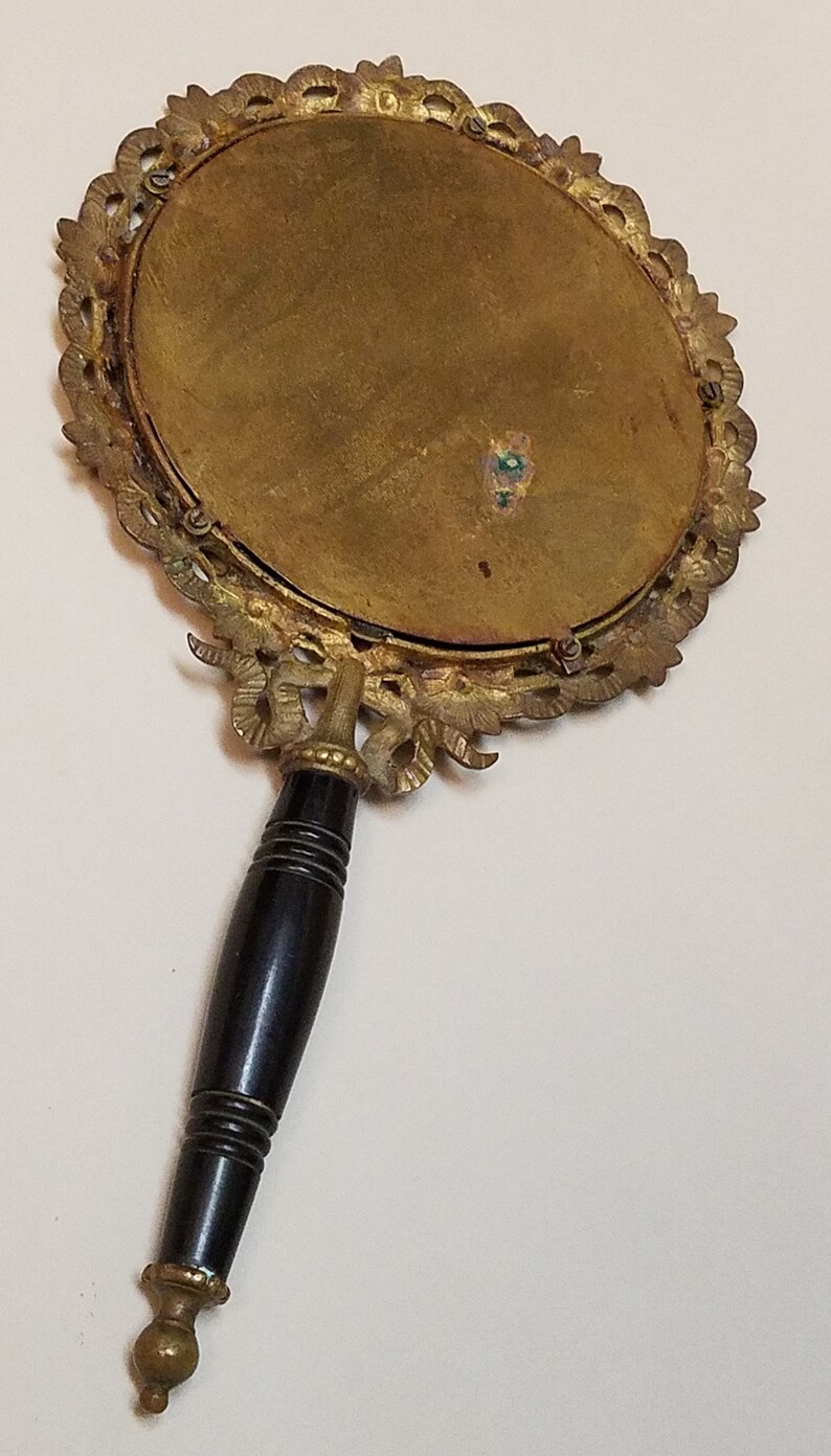 Antique Brass Hand Mirror With Flowers and Wood Handle Hand Etsy