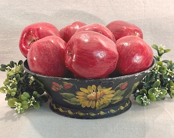 Antique Black Metal Toleware Fruit Bowl - Hand Painted Strawberries & Sunflowers