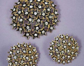 Vintage Black Enamel & Rhinestone Star Earrings Set, Brooch Pendant Earrings, Star Jewelry, 3 Piece Jewelry Set, Rhinestone Earrings Set