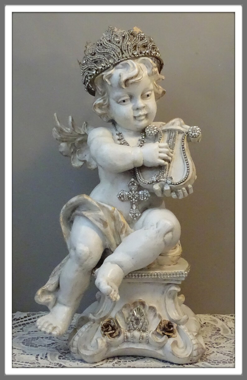 Cherub Statue Cherub With Crown and Harp Cherub Figurine Etsy