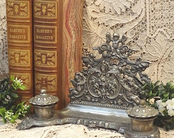 Silver Plated Cherub Letter Holder Desk Set – Double Inkwell Office Decor