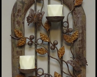 Rustic Iron 2 Candle Wall Sconce with Butterfly: Wall or Patio Metal Candle Holder