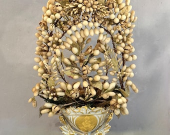 19th Century Antique French Wax Bouquet in Porcelain Vase, Victorian Berry and Flowers
