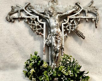 French Antique Iron Cross Fragment: Religious Wall Decor, Jesus Grave Marker