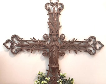 Antique French Iron Cross: Virgin Mary Religious Wall Decor