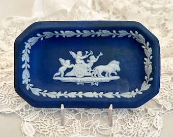Vintage Blue Wedgwood Pin Tray Lion Chariot with Cherubs, Navy Jasperware  Trinket Dish