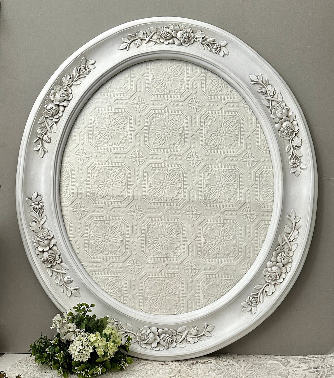Vintage 20 X 24 White Oval Frame With Roses, Ornate Wood Oval Picture