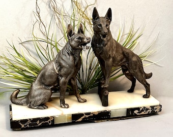 Mid Century Iron German Shepherd Pair: Vintage Dog Figurines on Marble