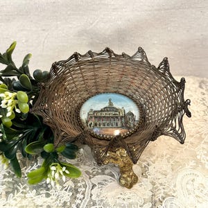 Antique French Woven Brass Wire Basket with Glass Center, Footed Brass Wire Basket with French Opera House at Center, Woven Metal Basket
