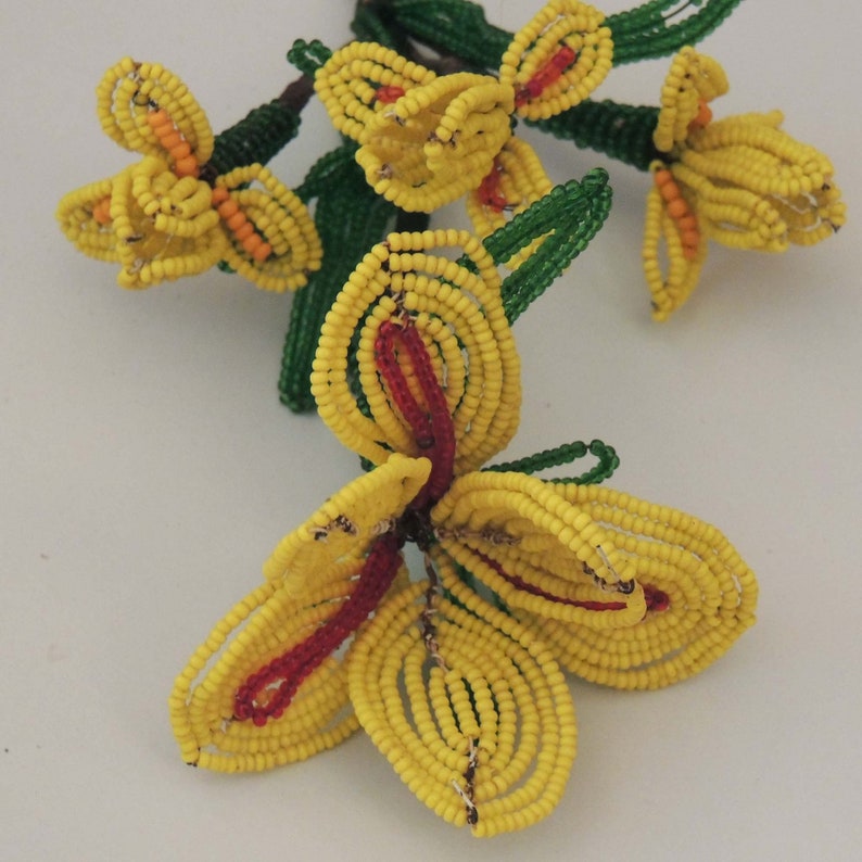 Vintage Glass Beaded Flowers Handmade Yellow Bead Floral Etsy