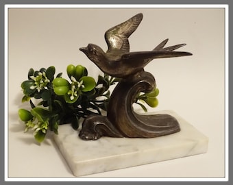 French Art Deco Silver Bird on Marble, Vintage Silver Metal Bird Statue, Bird Figurine, Bird Paperweight, Office Decor, Gift for Him