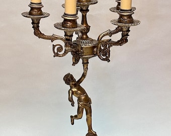 Tall Vintage 6 Light Candelabra Lamp with Cherub, Tall Gold Candelabra Light, Girandole Lamp, Lamp with Shades