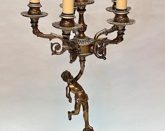 Tall Vintage 6 Light Italian Candelabra Lamp with Cherub and Shades, Gold Candelabra Light, Girandole Lamp