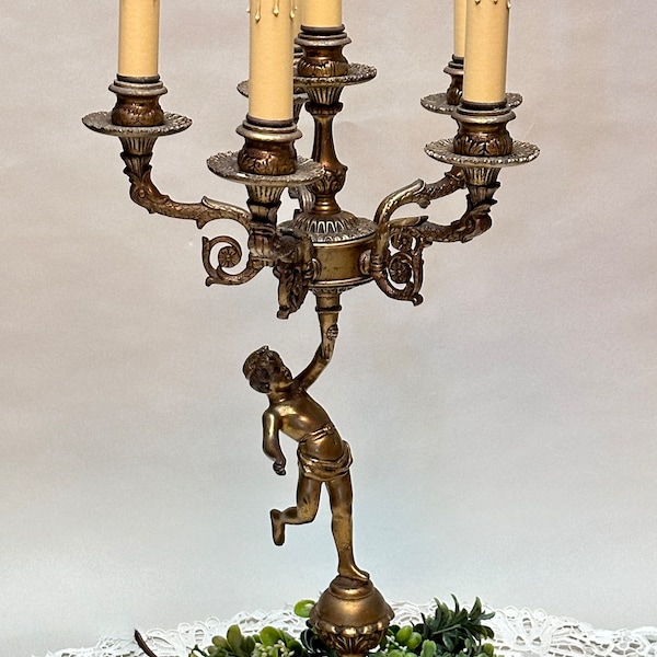 Tall Vintage 6 Light Candelabra Lamp with Cherub, Tall Gold Candelabra Light, Girandole Lamp, Lamp with Shades