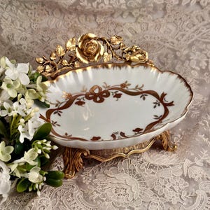 Matson Porcelain Soap Dish with Roses, Bathroom Accessory, White and Gold Bathroom Decor, Glass Jewelry Dish