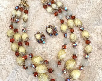 Hobe 3 Strand Beaded Necklace Set, Vintage Necklace and Clip Earrings Designer Signed