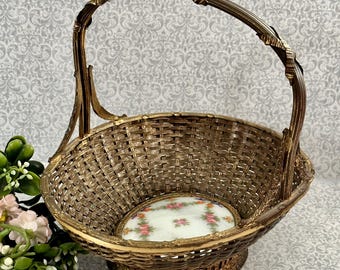 Antique French Decorative Bronze Woven Wire Basket with Hand Painted Porcelain Floral Center