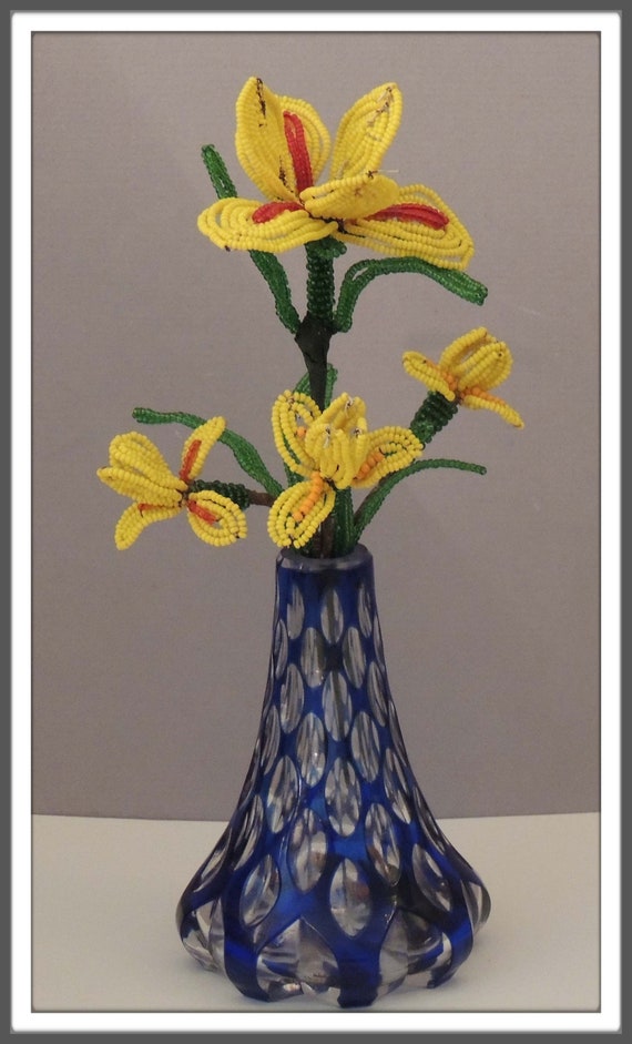 Vintage Glass Beaded Flowers Handmade Yellow Bead Floral Etsy