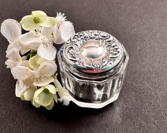 Antique Sterling Cut Glass Rouge Jar, Floral Repousse Lid, Art Nouveau Vanity Container