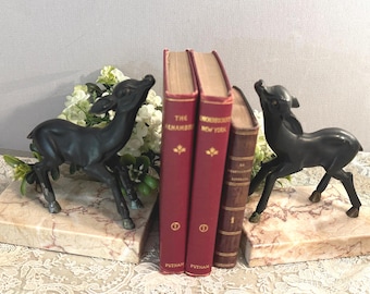 French Art Deco Deer Bookends: Vintage Metal Fawn on Marble Pair