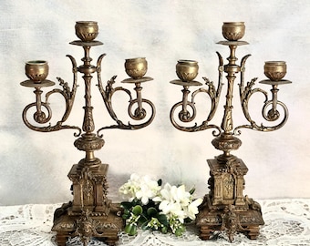 May include: A pair of matching brass candelabras, each featuring three candle holders supported by ornate, curved arms. The central stems rise from square, detailed bases decorated with relief carvings and lion head motifs.