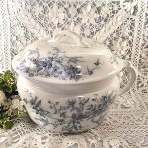 May include: White ceramic chamber pot with a lid and handle. The pot is decorated with a gray floral pattern. The lid has a handle and the pot has a handle on the side. The pot is sitting on a white lace tablecloth.