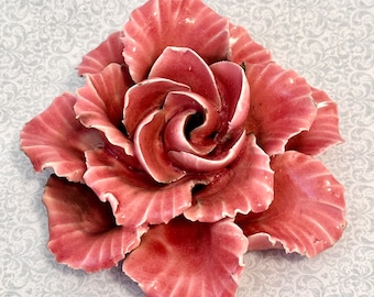 Antique French Majolica Rose Flower, Vintage Pink Porcelain Rose, Pink Ceramic  Flower
