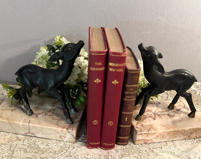 Vintage French Bookends with Deer, Marble and Metal Iron Fawn Bookends, Art Deco Metal Deer Bookends, Animal Bookends, Library Office Decor
