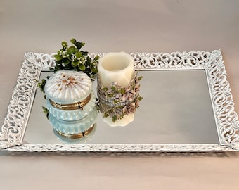 Large White Mirrored Tray, Ornate Filigree Mirrored Perfume Vanity Dresser Tray, Decorative Mirrored Serving Tray, Vanity Bathroom Decor