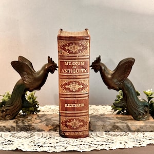 May include: A pair of bronze-toned bird bookends with wings extended, each mounted on a rectangular gray and brown marble base. Between the bookends stands a brown leather-bound book with gold lettering that reads Museum of Antiquity Illustrated.