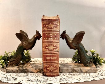 Art Deco French Fighting Cock Rooster Bookends: Iron and Marble Bird Desk Decor