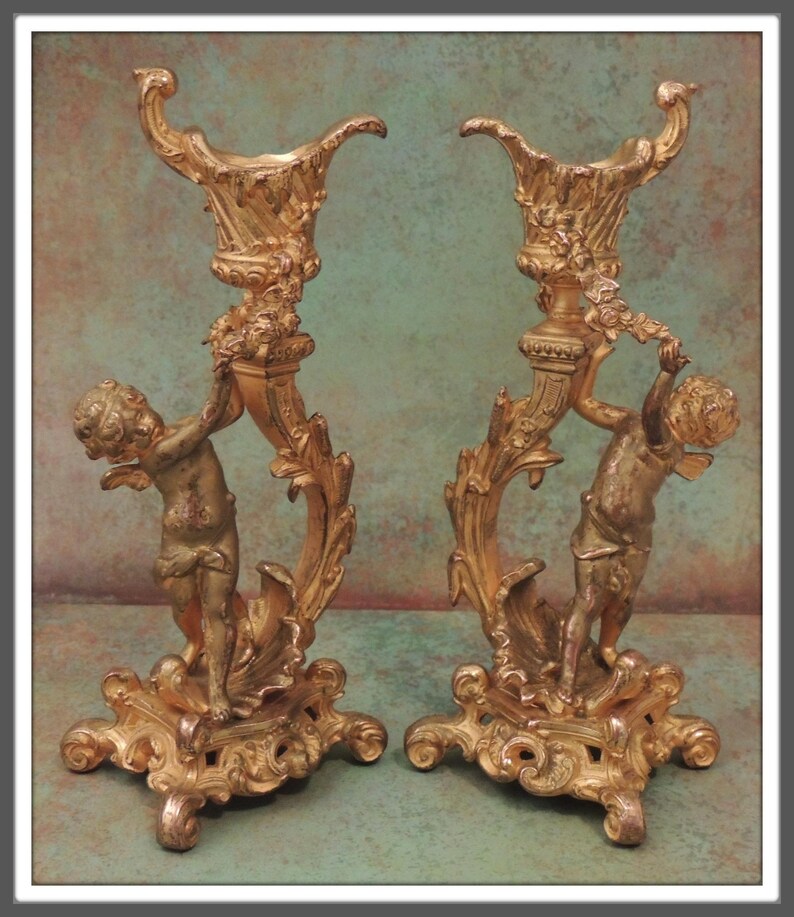Pair Bronze Candlestick Holders with Cherubs French Bronze Etsy
