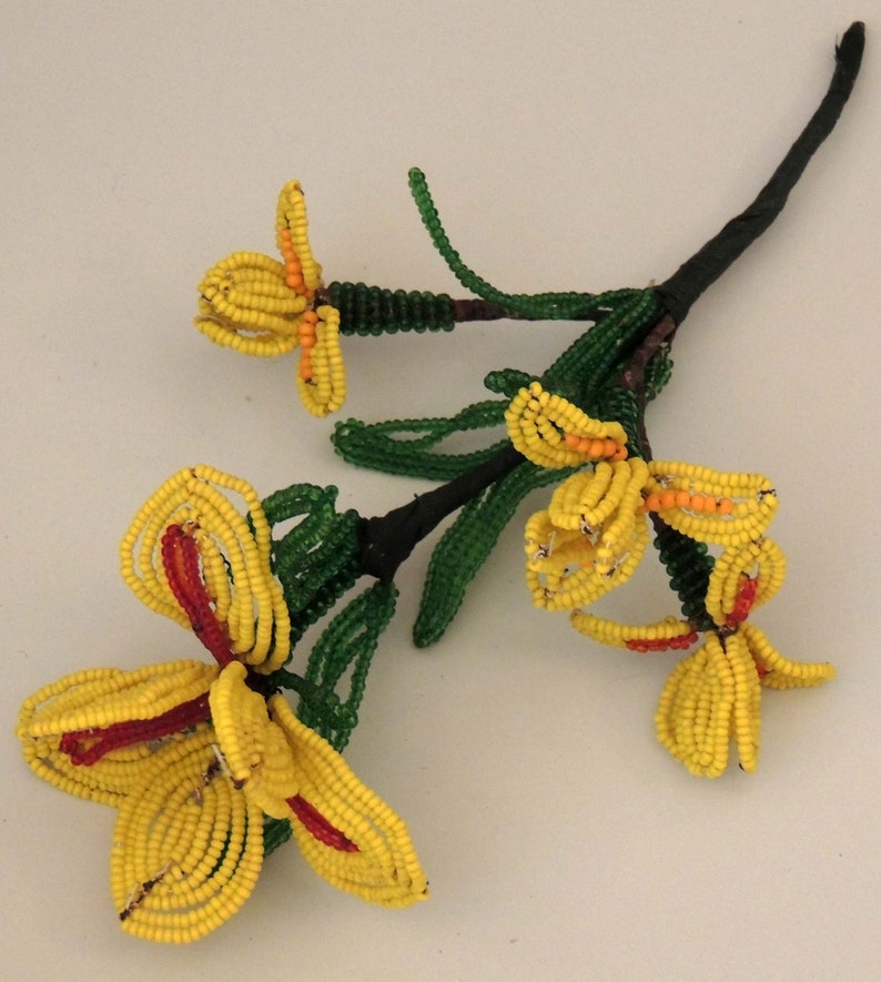 Vintage Glass Beaded Flowers Handmade Yellow Bead Floral Etsy