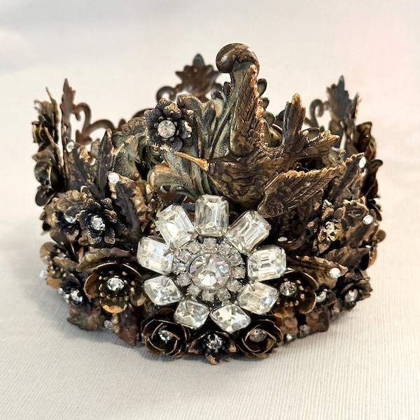 Ornate Jeweled Crown with Hummingbird, Crown Candle Holder, Handmade Crown with Jewels, Crown for Statue, Doll Animal, Santos, Crown Decor
