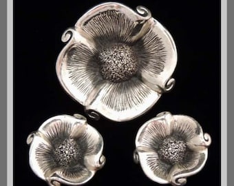 TORTOLANI Silver Poppy Brooch Set: Vintage Sterling Over Pewter Brooch & Earrings, Floral Designer Jewelry