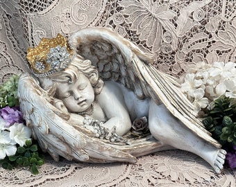 Sleeping Cherub with Crown, Sleeping Angel Cherub Statue, Crowned Cherub Figurine, Angel Cherub Decor, Religious Decor, Angel Statue