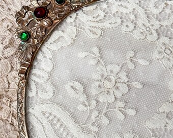 Vintage Jeweled Perfume Tray with Lace, Oval Vanity Tray with Jewels, Jeweled Vanity Tray, Czech Jeweled Tray, Vanity Decor, Bathroom Tray