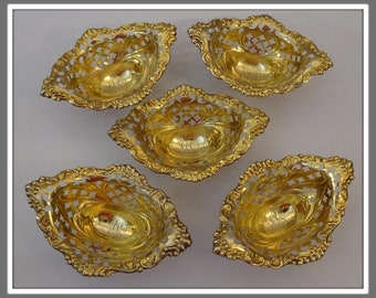 Watson Wilcox & Wagoner Nut Dishes, 24kt Gold and Sterling Nut Dishes, Gold Silver Nut Bowls, Pierced Footed Nut Bowls, Bon Bon Dishes Bowls