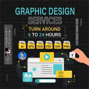 Könnte beinhalten: Werbung für Grafikdesign-Dienstleistungen mit dem Text „GRAPHIC DESIGN SERVICES“ und „TURN AROUND 6 TO 24 HOURS“. Das Bild enthält Dateityp-Symbole, ein Website-Mockup und Design-Tools.