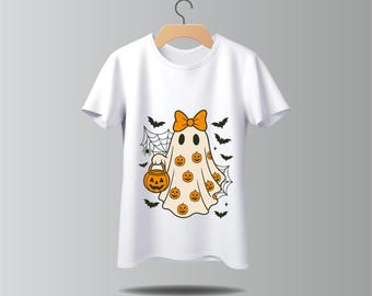 Retro Kawaii Halloween Ghost PNG, Pumpkin Candy Bucket (Digital Download)