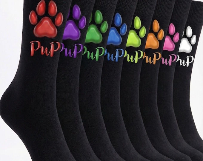 Playful PuP Paw Print Crew Socks. Double Sided Design (size 8-12)