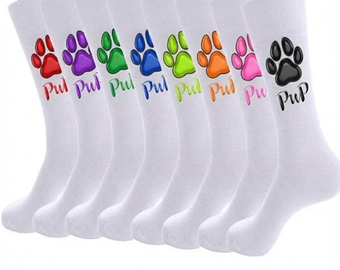 Playful PuP Paw Print Crew Socks. Double Sided Design (size 8-12)