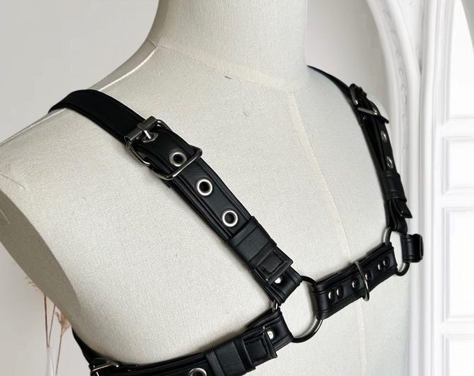 Faux Black Leather Man Chest Harness: BDSM Puppy Play Cosplay