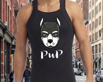 Men Pup Graphic Tank Top - Edgy Pup Mask Muscle Shirt