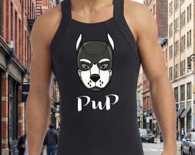Men Pup Graphic Tank Top - Edgy Pup Mask Muscle Shirt