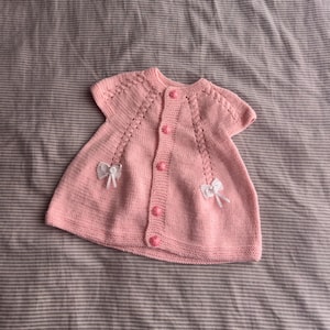 Pink Baby Girl Cardigan, Hand-Knitted Baby Sweater, Short Sleeve Knit Jacket, Newborn Outfit, Baby Shower Gift, Bow Detail Baby Clothing