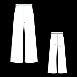 May include: Line drawing of two pairs of white, wide-leg trousers. The trousers have a high waist and a split front design. The larger pair is in the foreground, with a smaller version in the background.
