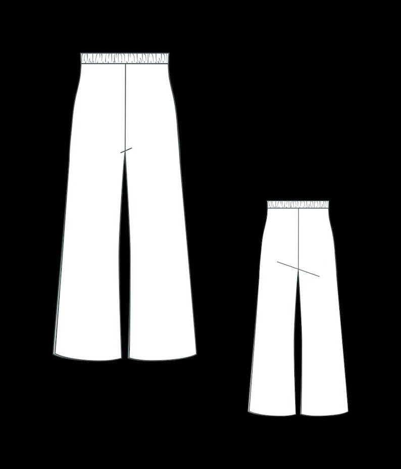May include: Line drawing of two pairs of white, wide-leg trousers. The trousers have a high waist and a split front design. The larger pair is in the foreground, with a smaller version in the background.